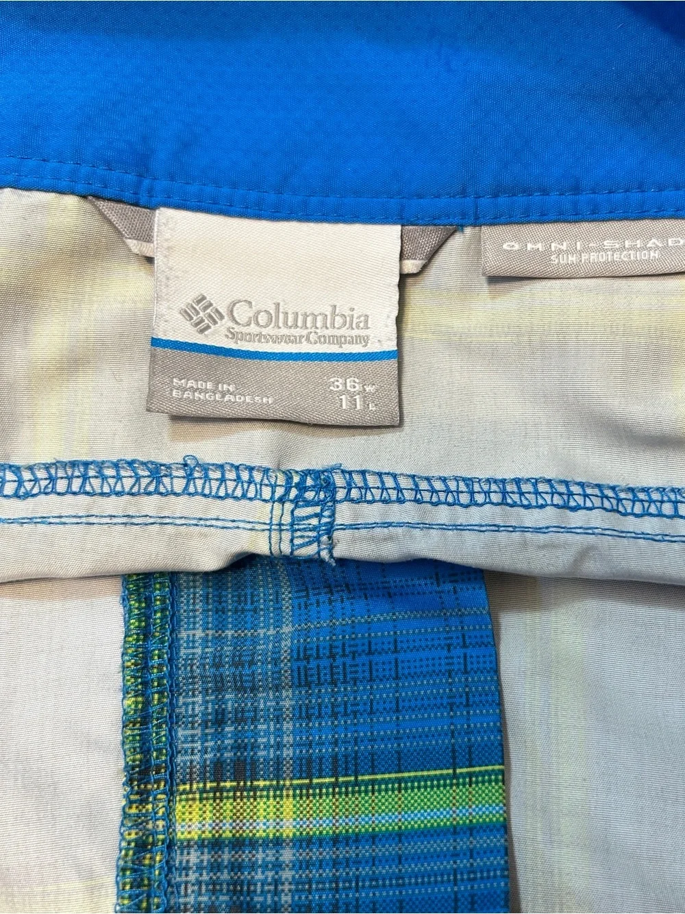 Columbia Blue Green Gray Plaid Omni Shade Sun Protection Hybrid Shorts